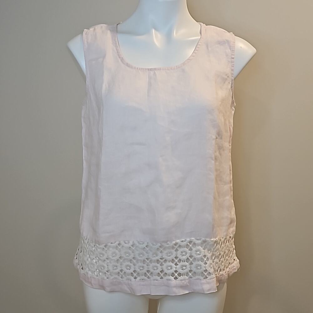 Cottonworld Light Pink Linen Tank Top - Embroidered Floral Lace Hem Size Medium